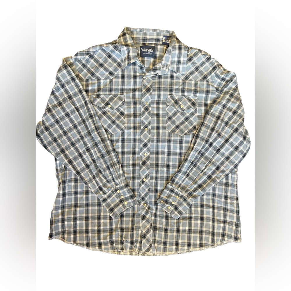 NWOT Wrangler Blue and White Plaid Pearl Snap Button Shirt Mens Size XXL Western